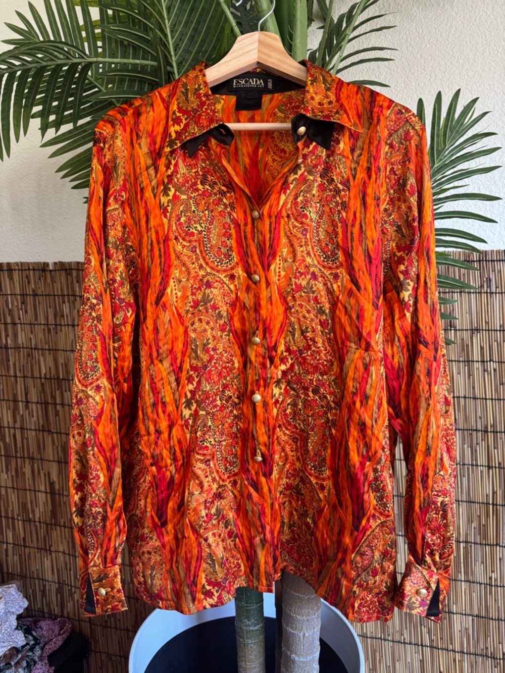 Rare Vintage Escada Margaretha Ley Orange Paisley Button-Up Shirt 100% silk